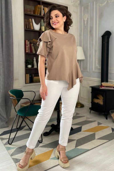 Джемпер с валаном и лодочной горловиной из трикотажа Rumoda 2122 капучино - фото 3