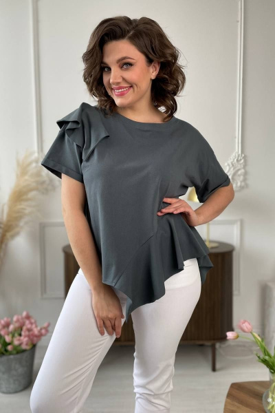 Джемпер в летнем стиле из трикотажа с валаном Rumoda 2122 графит - фото 1