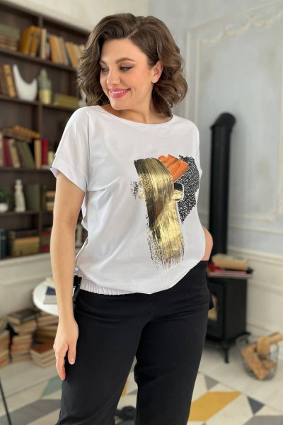 Белая трикотажная футболка с принтом и регулировкой тесьмой Rumoda 2123 белый - фото 7