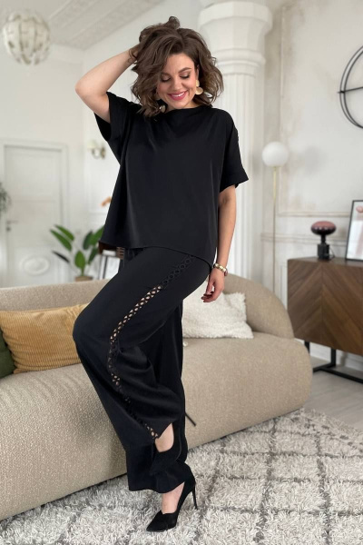 Костюм из текстиля с кружевом: блуза и брюки Rumoda 2124 черный - фото 9