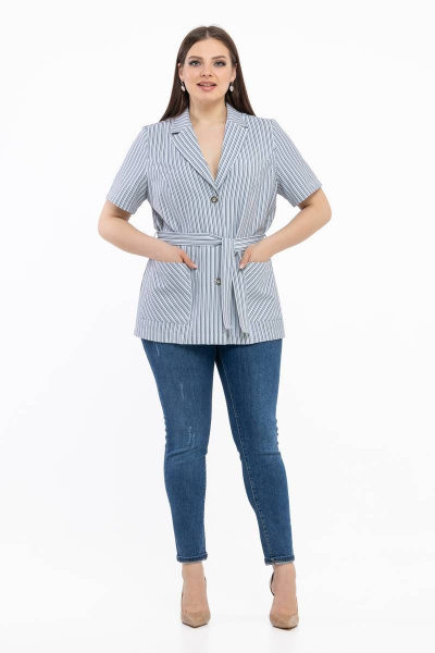 Легкий голубой в полоску жакет с коротким рукавом и поясом Avila 0783 голубой - фото 6
