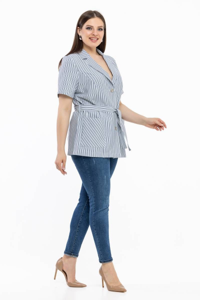 Легкий голубой в полоску жакет с коротким рукавом и поясом Avila 0783 голубой - фото 5