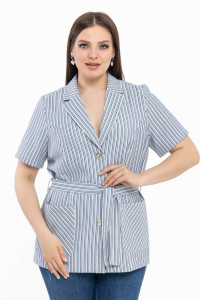 Легкий голубой в полоску жакет с коротким рукавом и поясом Avila 0783 голубой - фото 3