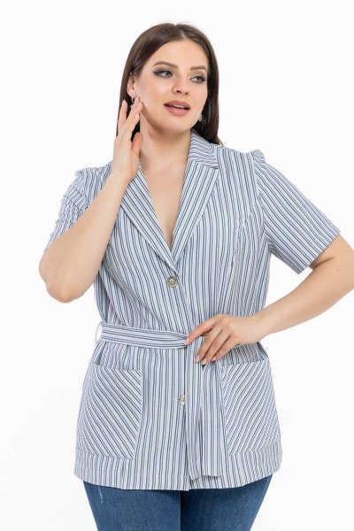 Легкий голубой в полоску жакет с коротким рукавом и поясом Avila 0783 голубой - фото 2