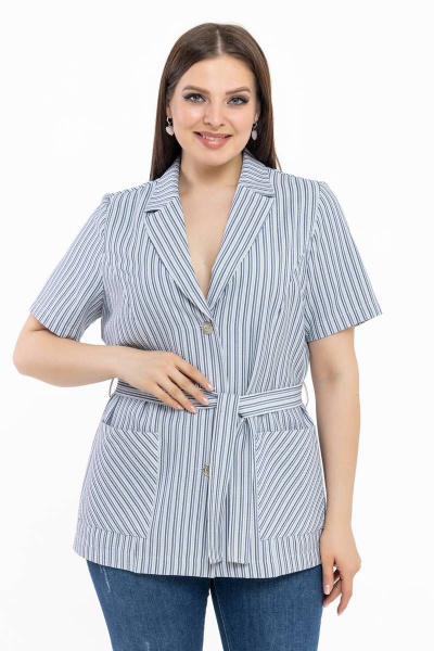 Легкий голубой в полоску жакет с коротким рукавом и поясом Avila 0783 голубой - фото 1