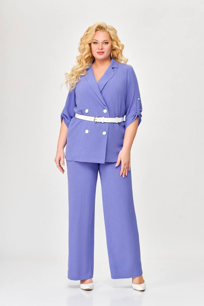 Костюм 2-ка жакет приталенный и брюки прямые из ткани с эффектом жатки Swallow 657.1 фиолетовый - фото 1