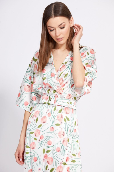 Платье отрезное по линии талии длиной миди с запахом EOLA 2420 молочный_рисунок - фото 8