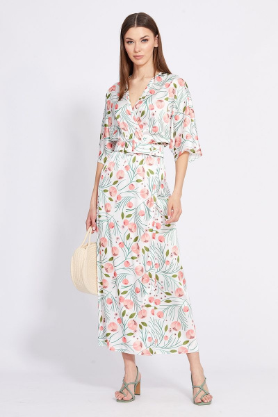 Платье отрезное по линии талии длиной миди с запахом EOLA 2420 молочный_рисунок - фото 3