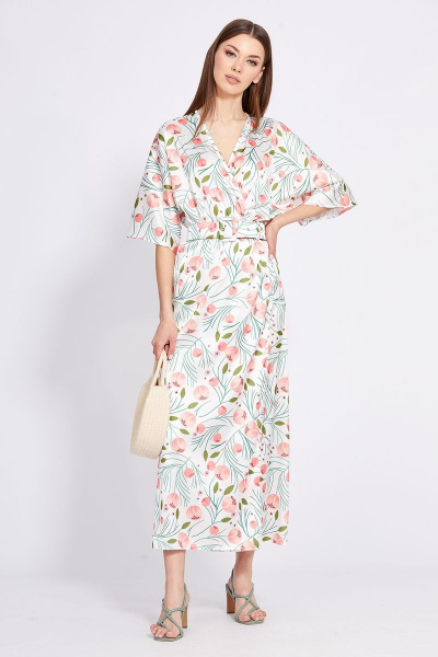 Платье отрезное по линии талии длиной миди с запахом EOLA 2420 молочный_рисунок - фото 1