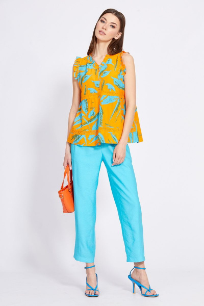 Блуза с рюшем и V-образным вырезом из плательной ткани EOLA 2421 оранжевый-бирюза - фото 6
