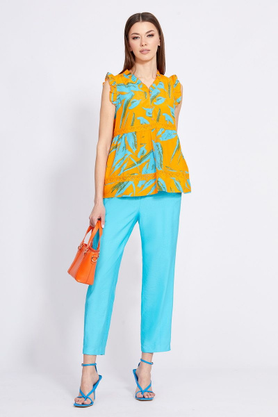 Блуза с рюшем и V-образным вырезом из плательной ткани EOLA 2421 оранжевый-бирюза - фото 3
