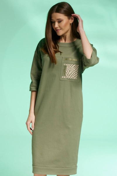 Платье полуприлегающего силуэта из джинса с карманами и разрезом Faufilure C1427 хаки - фото 5