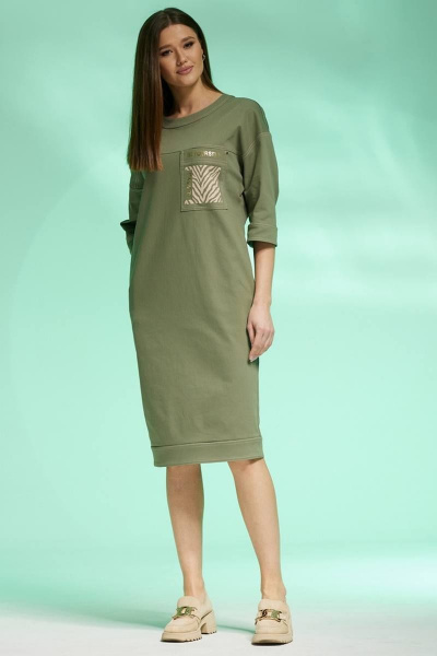 Платье полуприлегающего силуэта из джинса с карманами и разрезом Faufilure C1427 хаки - фото 3