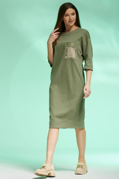 Платье полуприлегающего силуэта из джинса с карманами и разрезом Faufilure C1427 хаки - фото 2