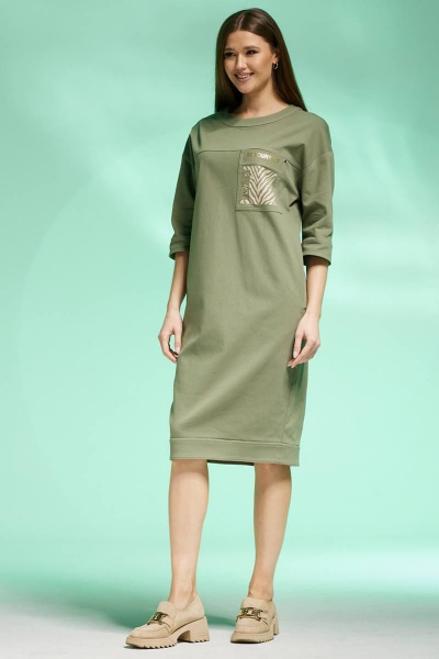 Платье полуприлегающего силуэта из джинса с карманами и разрезом Faufilure C1427 хаки - фото 1