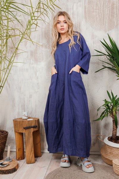 Льняное платье с тюльпанной юбкой и большими карманами АМУЛЕТ 9629 индиго - фото 1
