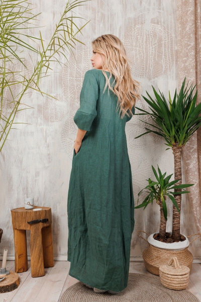 Длинное льняное платье с рукавами-тюльпанами и карманами АМУЛЕТ 9630 изумруд - фото 5