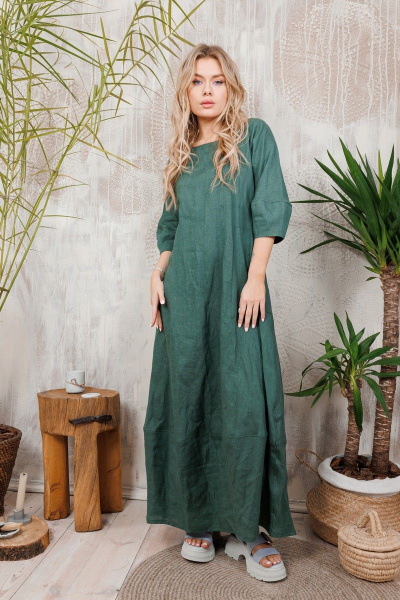 Длинное льняное платье с рукавами-тюльпанами и карманами АМУЛЕТ 9630 изумруд - фото 1