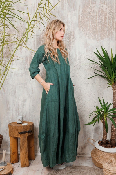 Длинное льняное платье с рукавами-тюльпанами и карманами АМУЛЕТ 9630 изумруд - фото 2