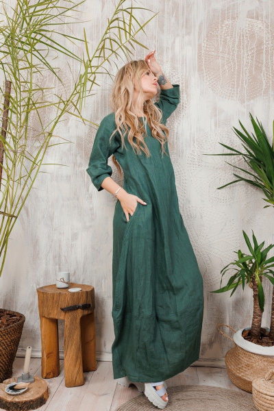 Длинное льняное платье с рукавами-тюльпанами и карманами АМУЛЕТ 9630 изумруд - фото 3