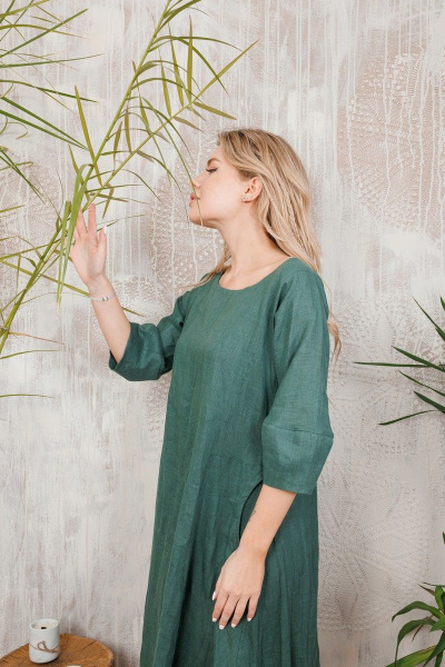 Длинное льняное платье с рукавами-тюльпанами и карманами АМУЛЕТ 9630 изумруд - фото 4