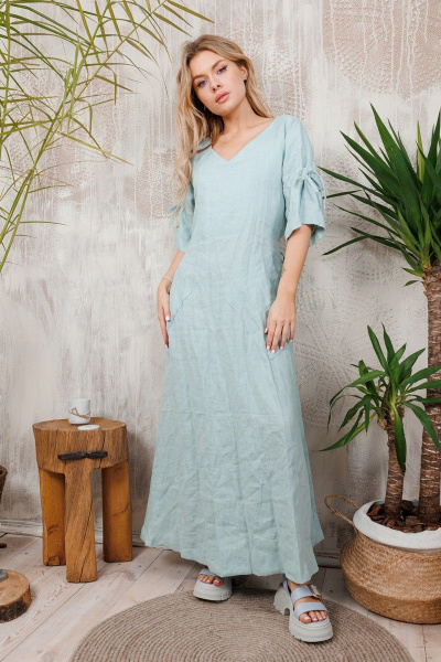 Платье льняное с сборкой спинки и поясом АМУЛЕТ 9631 мята - фото 1