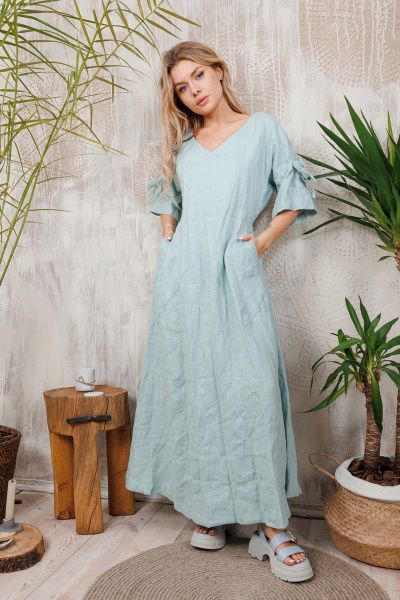 Платье льняное с сборкой спинки и поясом АМУЛЕТ 9631 мята - фото 2