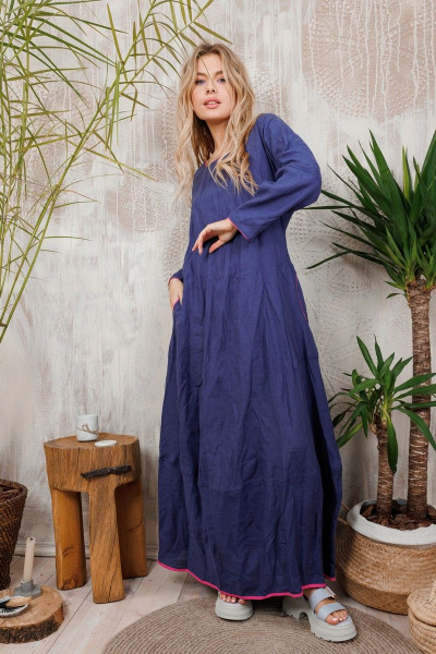 Льняное платье с яркими акцентами и карманами АМУЛЕТ 9635 индиго-фуксия - фото 2