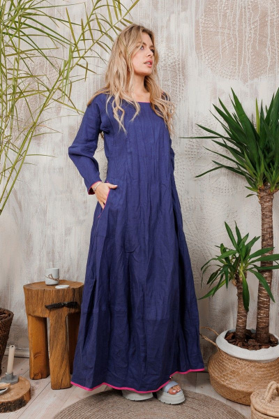 Льняное платье с яркими акцентами и карманами АМУЛЕТ 9635 индиго-фуксия - фото 1