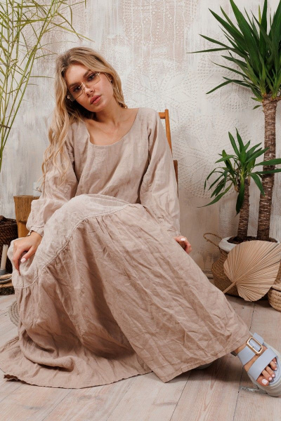 Платье льняное приталенное на каждый день с карманами АМУЛЕТ 9639 теленый - фото 5