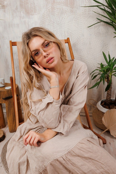 Платье льняное приталенное на каждый день с карманами АМУЛЕТ 9639 теленый - фото 4