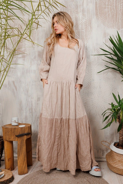 Платье льняное приталенное на каждый день с карманами АМУЛЕТ 9639 теленый - фото 1