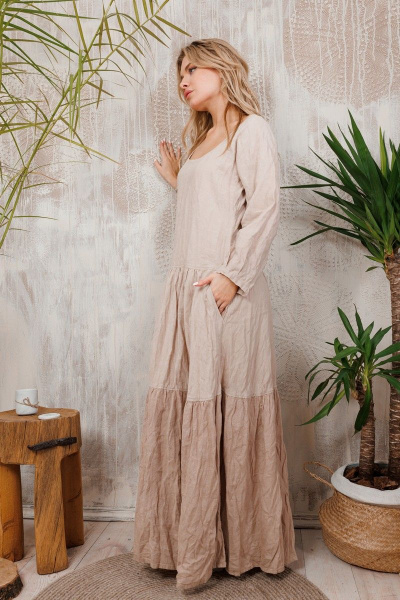 Платье льняное приталенное на каждый день с карманами АМУЛЕТ 9639 теленый - фото 2