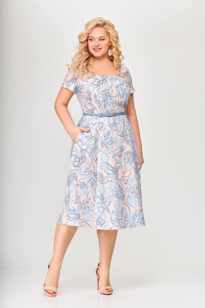 Платье из эластичной вискозы с клешеной юбкой и карманами Swallow 660 голубой_сад - фото 6