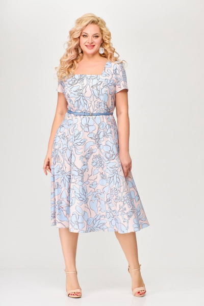 Платье из эластичной вискозы с клешеной юбкой и карманами Swallow 660 голубой_сад - фото 1