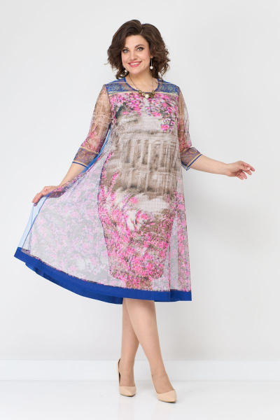 Двойное платье из костюмной ткани и сетки с цветочным принтом Solomeya Lux 645 - фото 1