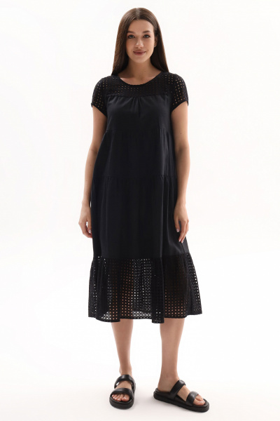 Платье из льна и текстиля с короткими рукавами и длиной 115 см Панда 150080w черный - фото 1