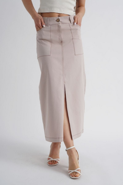 Хлопковая миди юбка с накладными карманами и поясом Mirolia 1161 бежевый - фото 2