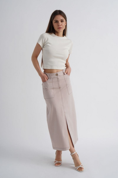 Хлопковая миди юбка с накладными карманами и поясом Mirolia 1161 бежевый - фото 1