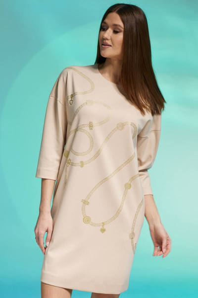 Платье свободное из трикотажа с дизайнерской печатью и рукавом Faufilure C1431 бежевый - фото 2