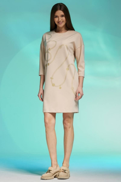 Платье свободное из трикотажа с дизайнерской печатью и рукавом Faufilure C1431 бежевый - фото 1