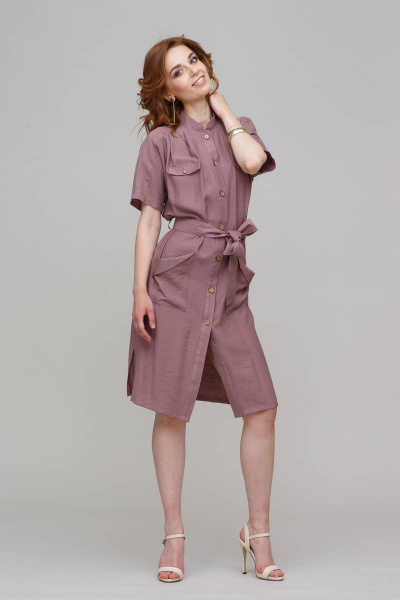Платье летнее из хлопка с поясом, классический стиль, приталенное Domna 496(164) розово-коричневый - фото 1