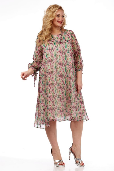 Летнее нарядное платье из шифона с клешем и воланами Michel chic 2127 бежевый-цветы - фото 4