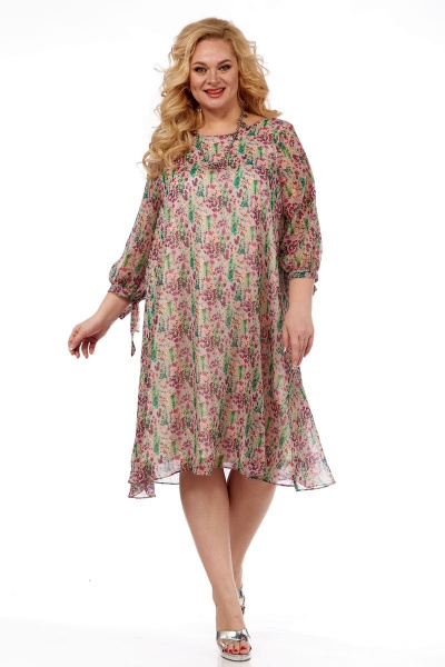 Летнее нарядное платье из шифона с клешем и воланами Michel chic 2127 бежевый-цветы - фото 1