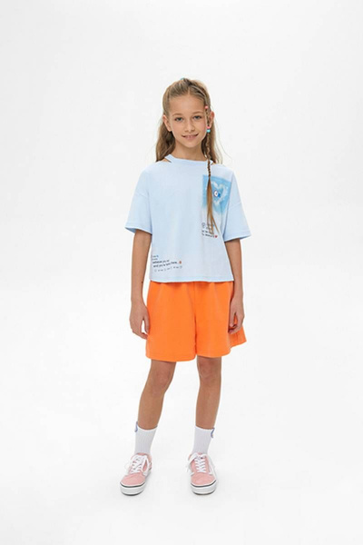 Яркие трикотажные шорты с трансфером для девочки Bell Bimbo 230120 абрикос - фото 1