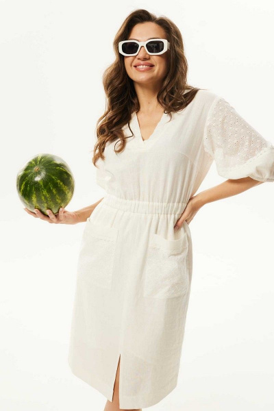 Летнее платье из льна с кружевной отделкой и карманами Mislana С939 молоко - фото 5
