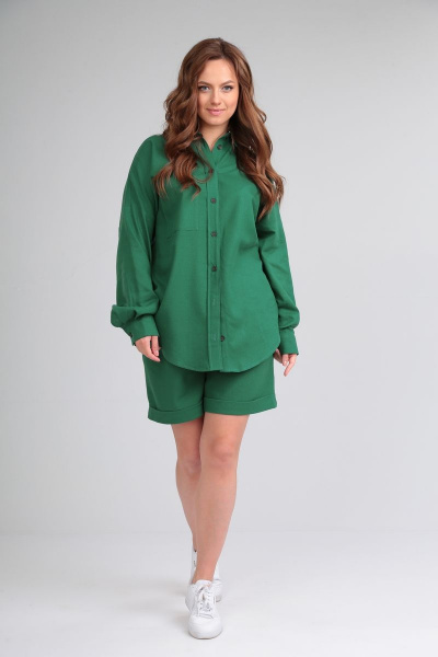 Льняной костюм с рубашкой и шортами для летнего стиля Michel chic 1332 изумруд - фото 2