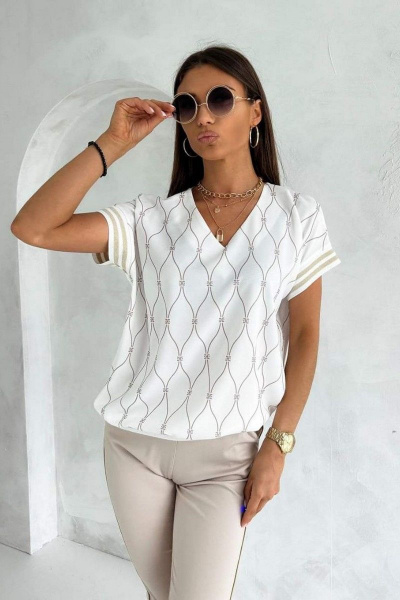 Летняя блузка с коротким рукавом и V-горловиной Nika.PL 02011 молочный - фото 6