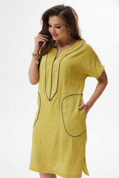 Летнее прямое платье с разрезами и отделкой кантом MALI 423-034 горчица - фото 6