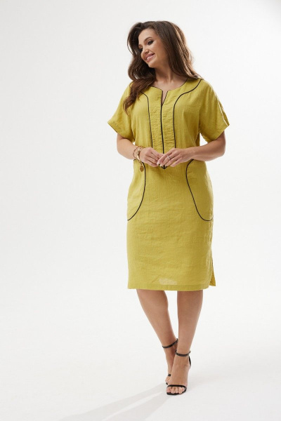 Летнее прямое платье с разрезами и отделкой кантом MALI 423-034 горчица - фото 4